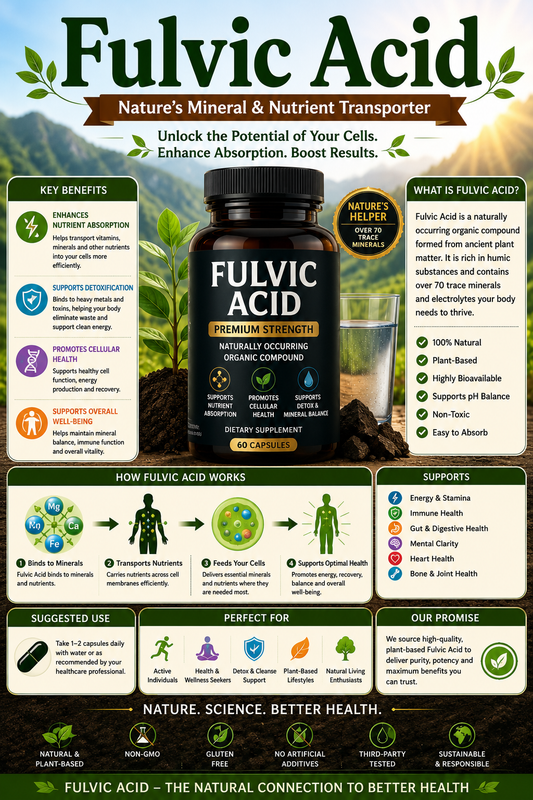 Fulvic Acid liquid supplement with trace minerals supporting nutrient absorption, cellular health, antioxidant protection, and healthy aging.