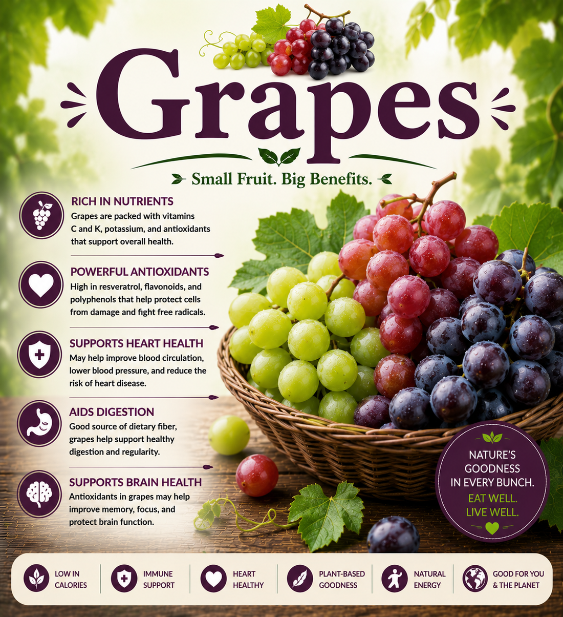 Fresh red and green grapes showcasing their antioxidants, resveratrol, vitamins, hydration benefits, and wellness-supporting nutritional properties.