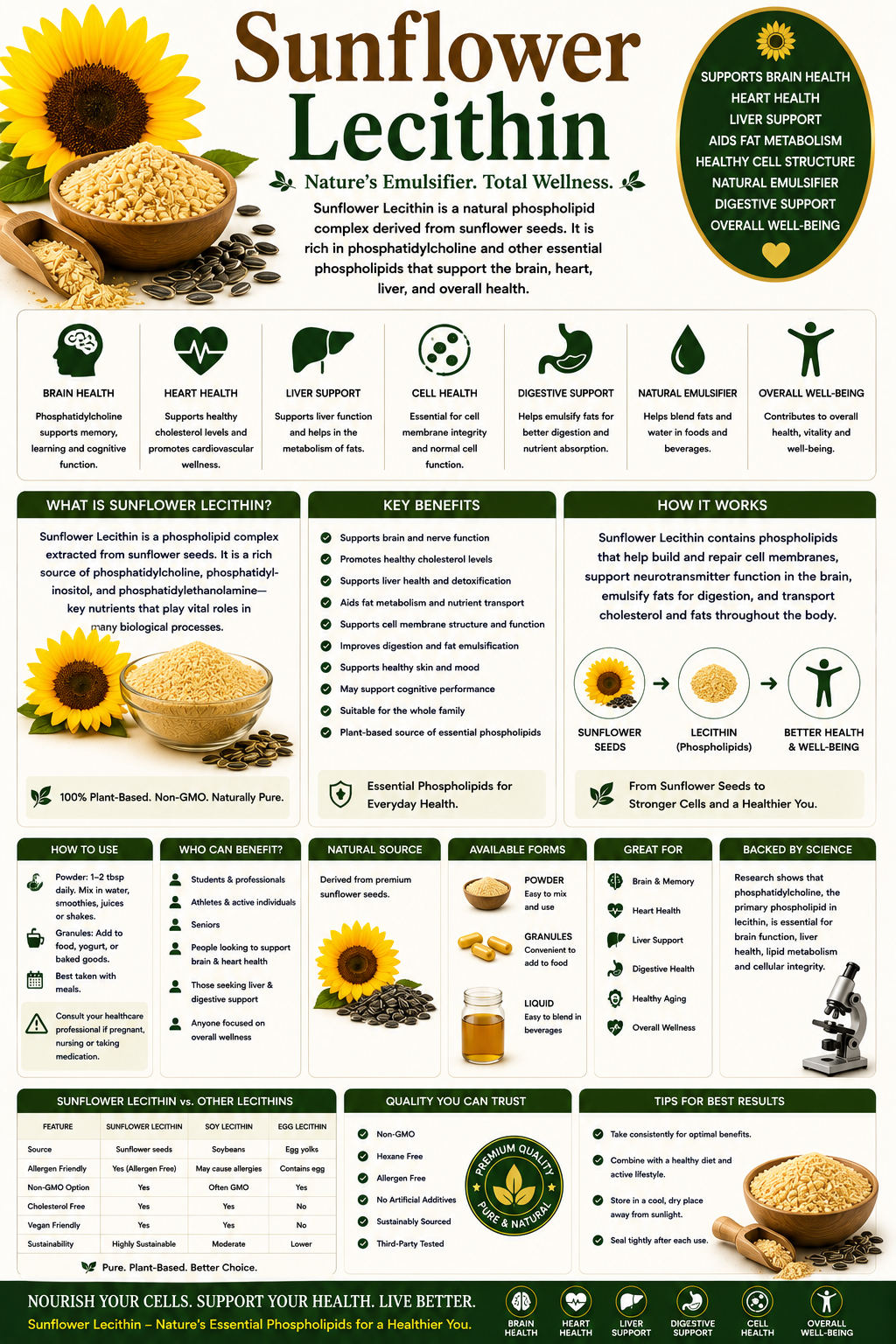 Sunflower Lecithin powder, capsules, and sunflower seeds supporting brain health, liver wellness, and cellular health