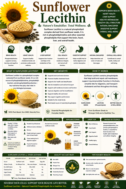 Sunflower Lecithin powder, capsules, and sunflower seeds supporting brain health, liver wellness, and cellular health