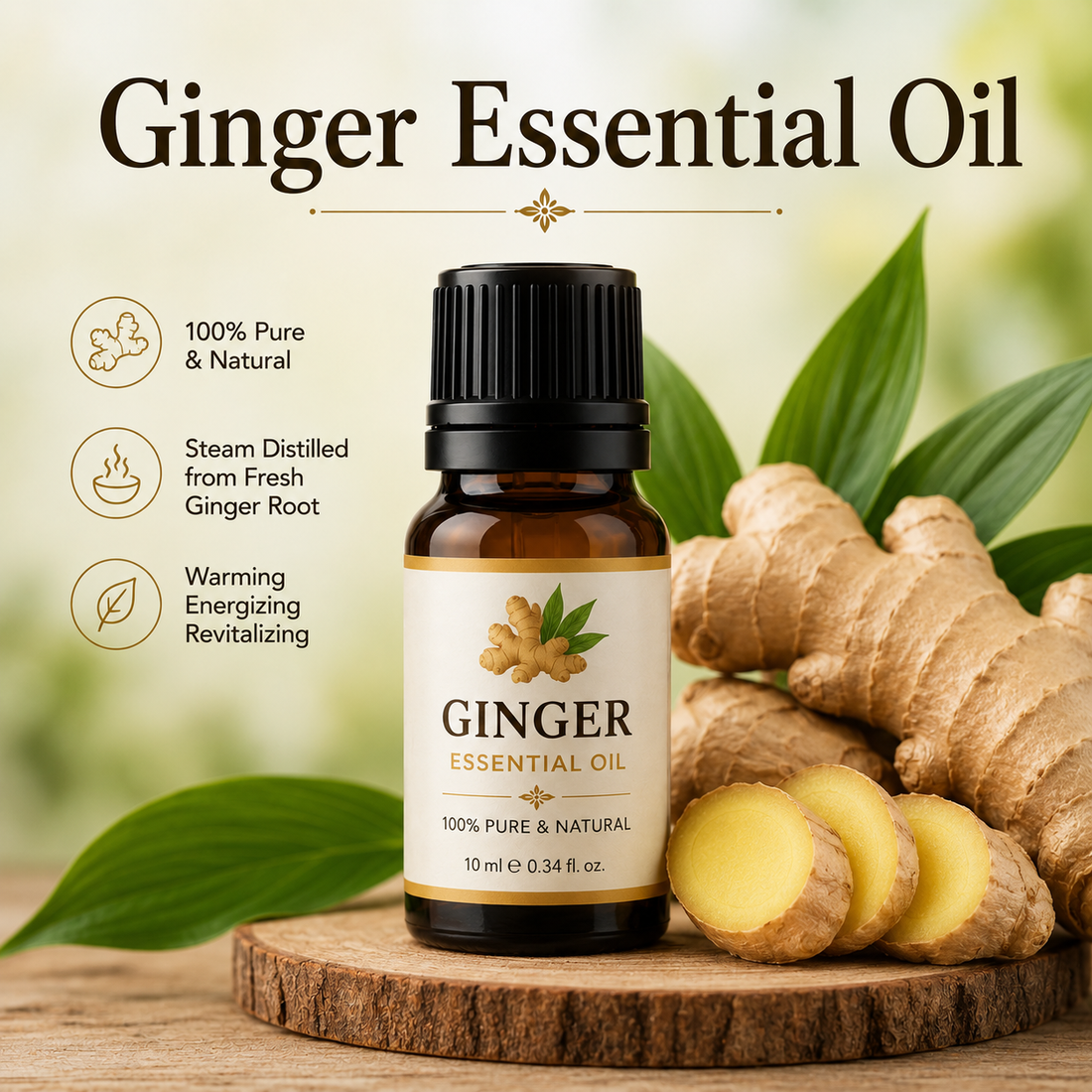 Ginger essential oil bottle with fresh ginger root showcasing its warm spicy aroma, natural aromatic compounds, aromatherapy applications, and wellness-supporting benefits.