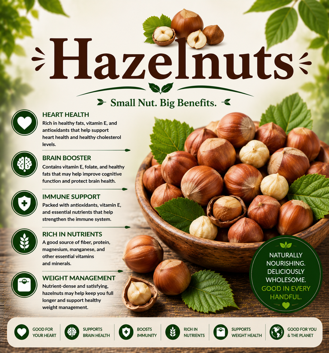 Whole and shelled hazelnuts showcasing their healthy fats, vitamin E, fiber, antioxidants, and wellness-supporting nutritional benefits