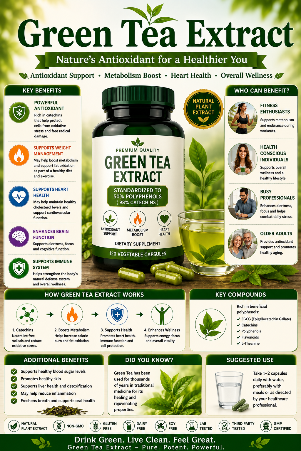 Green Tea Extract capsules and green tea leaves supporting antioxidant protection, metabolism, heart health, and healthy aging.