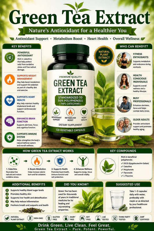 Green Tea Extract capsules and green tea leaves supporting antioxidant protection, metabolism, heart health, and healthy aging.