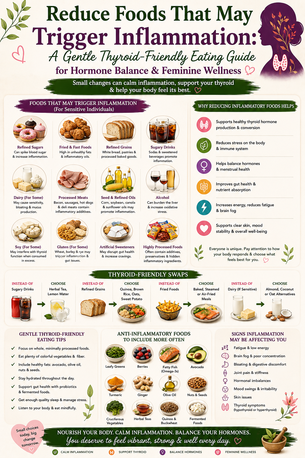 A gentle flatlay showing inflammatory foods like sugar and fried snacks alongside healthier swap alternatives for thyroid friendly eating