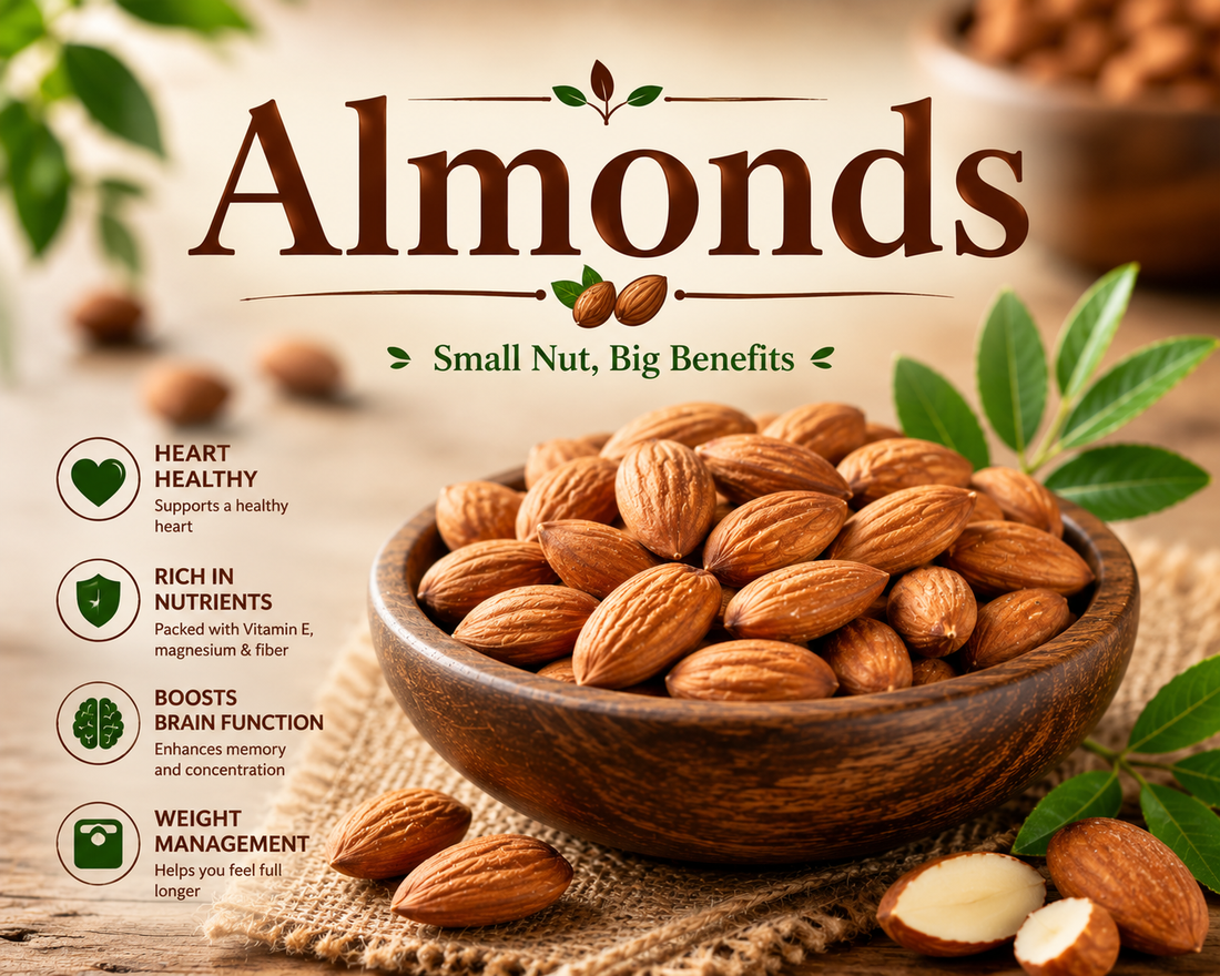 Raw almonds in a wooden bowl showcasing their healthy fats, protein, fiber, vitamin E, and overall wellness benefits.