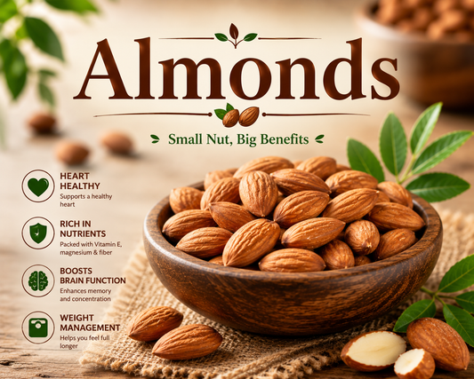 Raw almonds in a wooden bowl showcasing their healthy fats, protein, fiber, vitamin E, and overall wellness benefits.