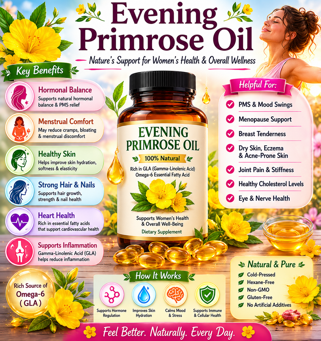 Evening Primrose Oil softgels and yellow evening primrose flowers supporting women's health, skin wellness, hormonal balance, and healthy aging.