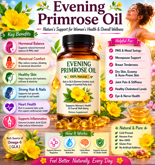 Evening Primrose Oil softgels and yellow evening primrose flowers supporting women's health, skin wellness, hormonal balance, and healthy aging.