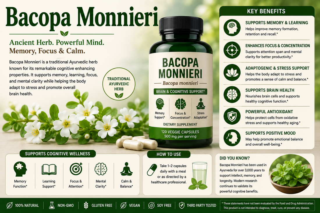 Bacopa Monnieri herb and supplement capsules supporting memory, focus, learning, concentration, and cognitive wellness.
