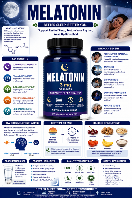 Melatonin supplement capsules with moon and sleep imagery supporting healthy sleep cycles, relaxation, and healthy aging.