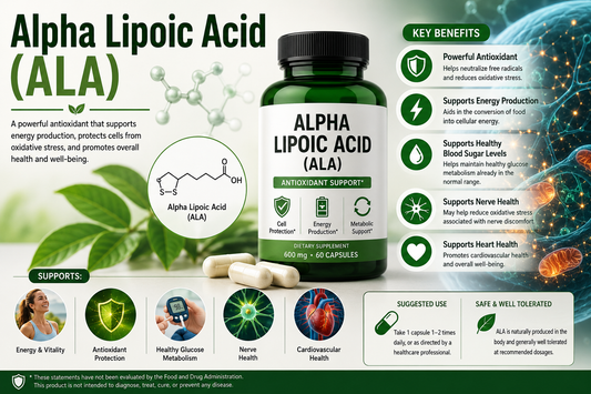 Alpha Lipoic Acid supplement capsules supporting antioxidant activity, cellular health, nerve wellness, energy metabolism, and healthy aging.