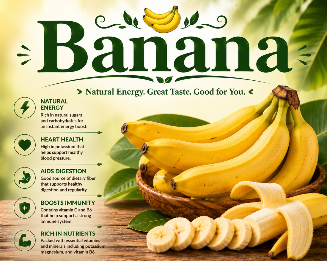 Fresh ripe bananas highlighting their potassium, vitamin B6, fiber, natural energy, and overall wellness-supporting nutritional benefits.