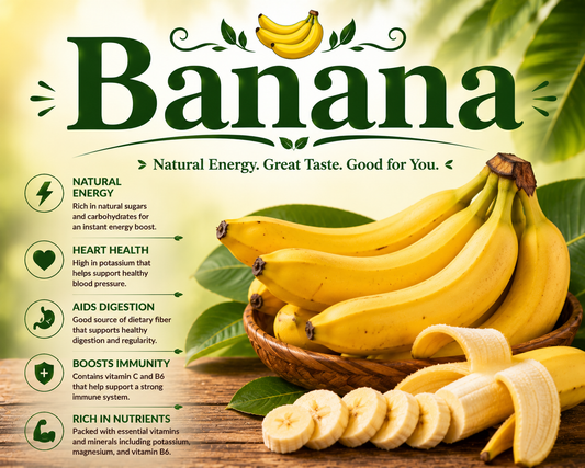 Fresh ripe bananas highlighting their potassium, vitamin B6, fiber, natural energy, and overall wellness-supporting nutritional benefits.