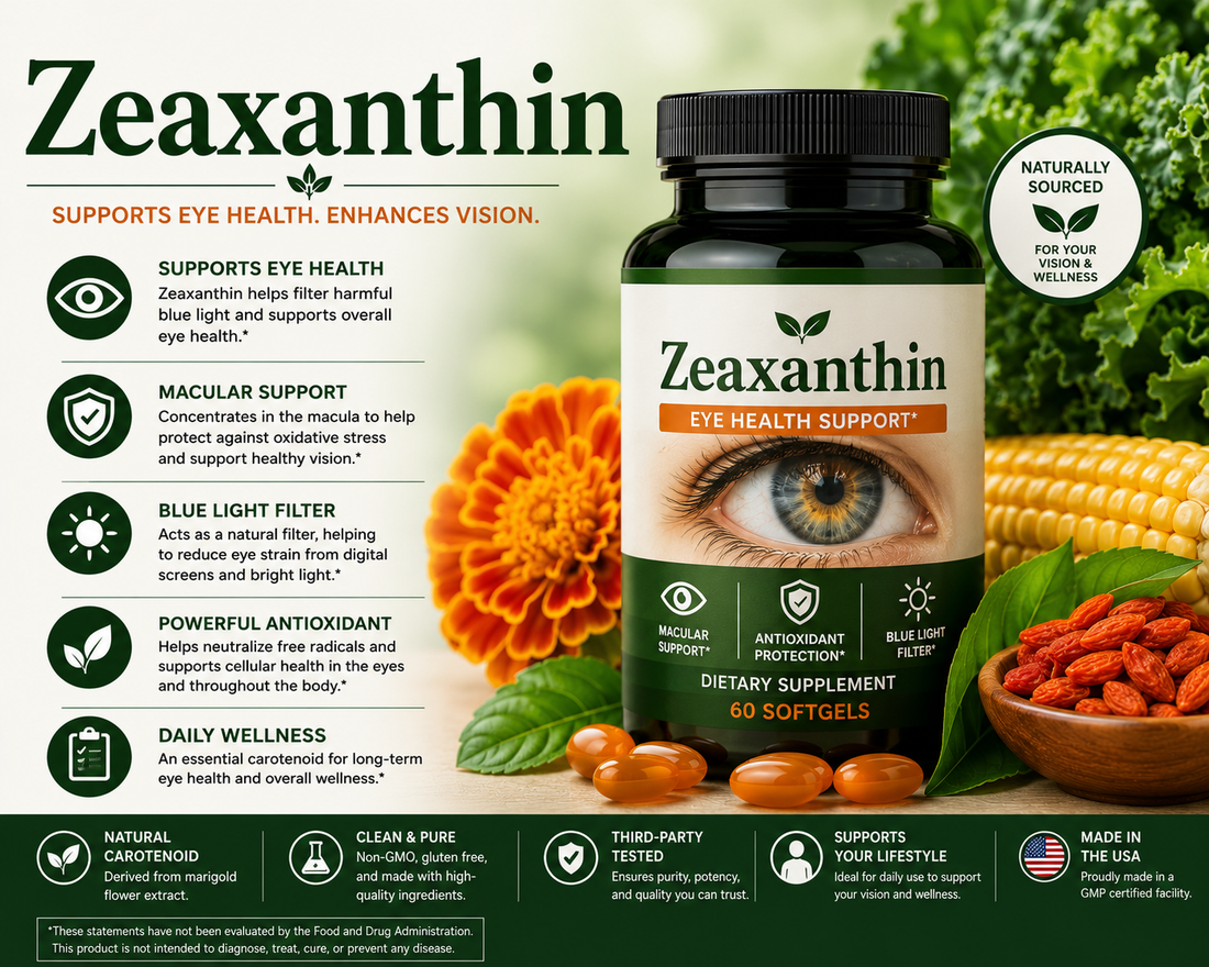 Zeaxanthin supplement capsules with corn, kale, egg yolks, and orange peppers supporting eye health, vision wellness, and antioxidant protection.