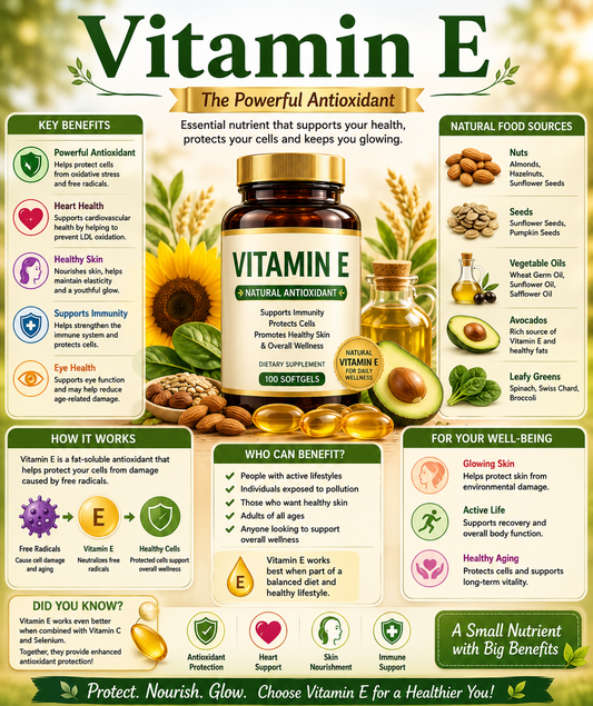 Vitamin E capsules with nuts, seeds, and healthy skin imagery supporting antioxidant protection, immune health, and healthy aging.