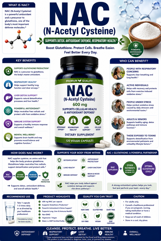 NAC supplement capsules supporting glutathione production, antioxidant protection, liver health, respiratory wellness, and healthy aging.