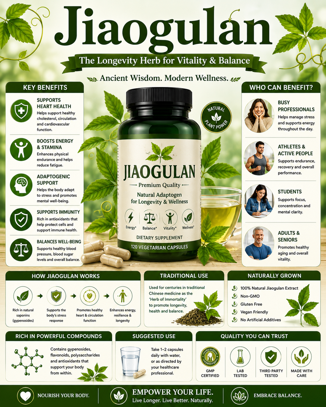 Jiaogulan supplement capsules and Jiaogulan leaves supporting healthy aging, heart health, antioxidant protection, and overall vitality.