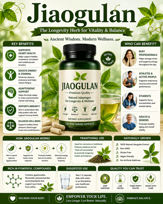 Jiaogulan supplement capsules and Jiaogulan leaves supporting healthy aging, heart health, antioxidant protection, and overall vitality.