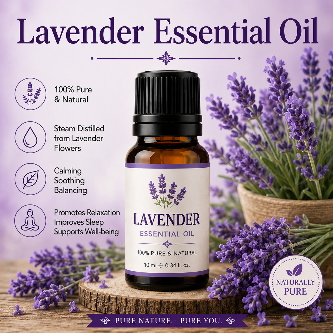 Lavender essential oil bottle surrounded by blooming lavender flowers showcasing its calming floral aroma, natural aromatic compounds, aromatherapy applications, and wellness-supporting benefits