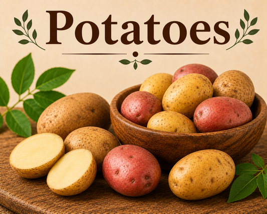 Fresh potatoes showcasing their potassium, complex carbohydrates, vitamins, minerals, fiber, and wellness-supporting nutritional benefits.