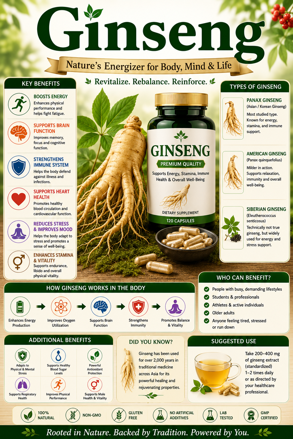 Ginseng root and Ginseng supplement capsules supporting energy, vitality, cognitive wellness, immune health, and healthy aging.