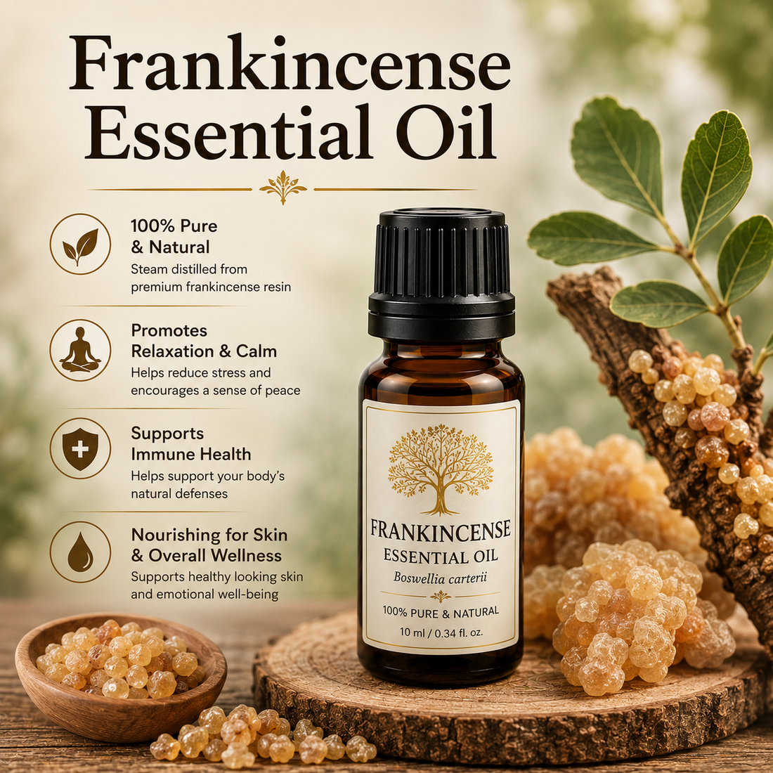 Frankincense essential oil bottle with frankincense resin tears showcasing its rich resinous aroma, natural aromatic compounds, aromatherapy applications, and wellness-supporting benefits.
