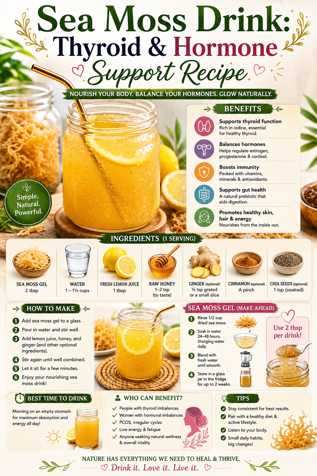 Glass of creamy sea moss drink blended with pineapple and mango for natural thyroid and hormone support