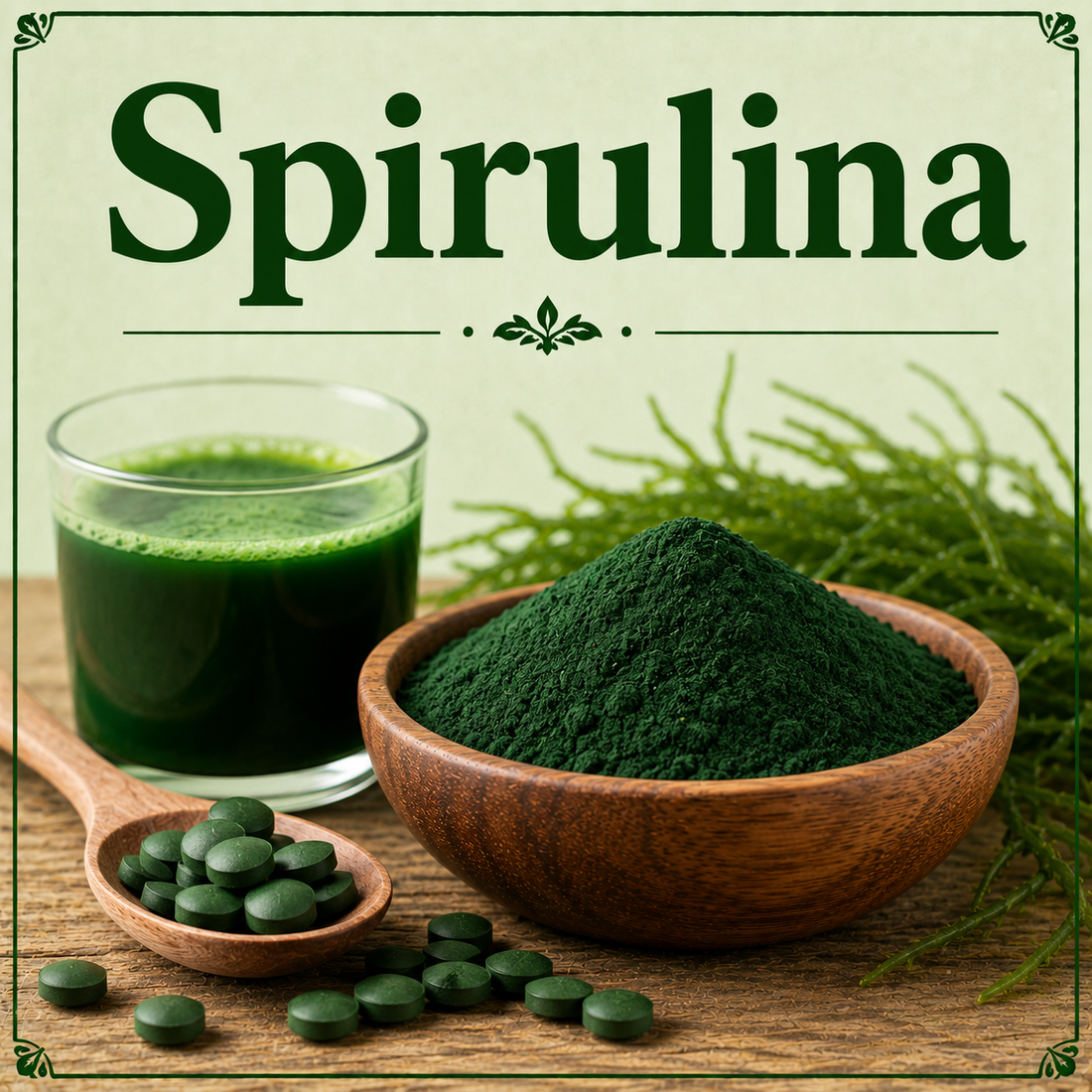 Spirulina powder showcasing its protein, vitamins, minerals, antioxidants, phycocyanin, and wellness-supporting nutritional benefits.