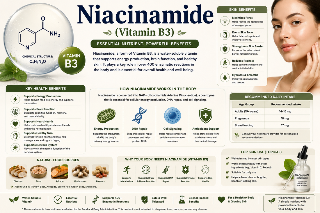 Niacinamide Vitamin B3 supplement capsules supporting skin health, NAD+ production, cellular energy, metabolism, and healthy aging.