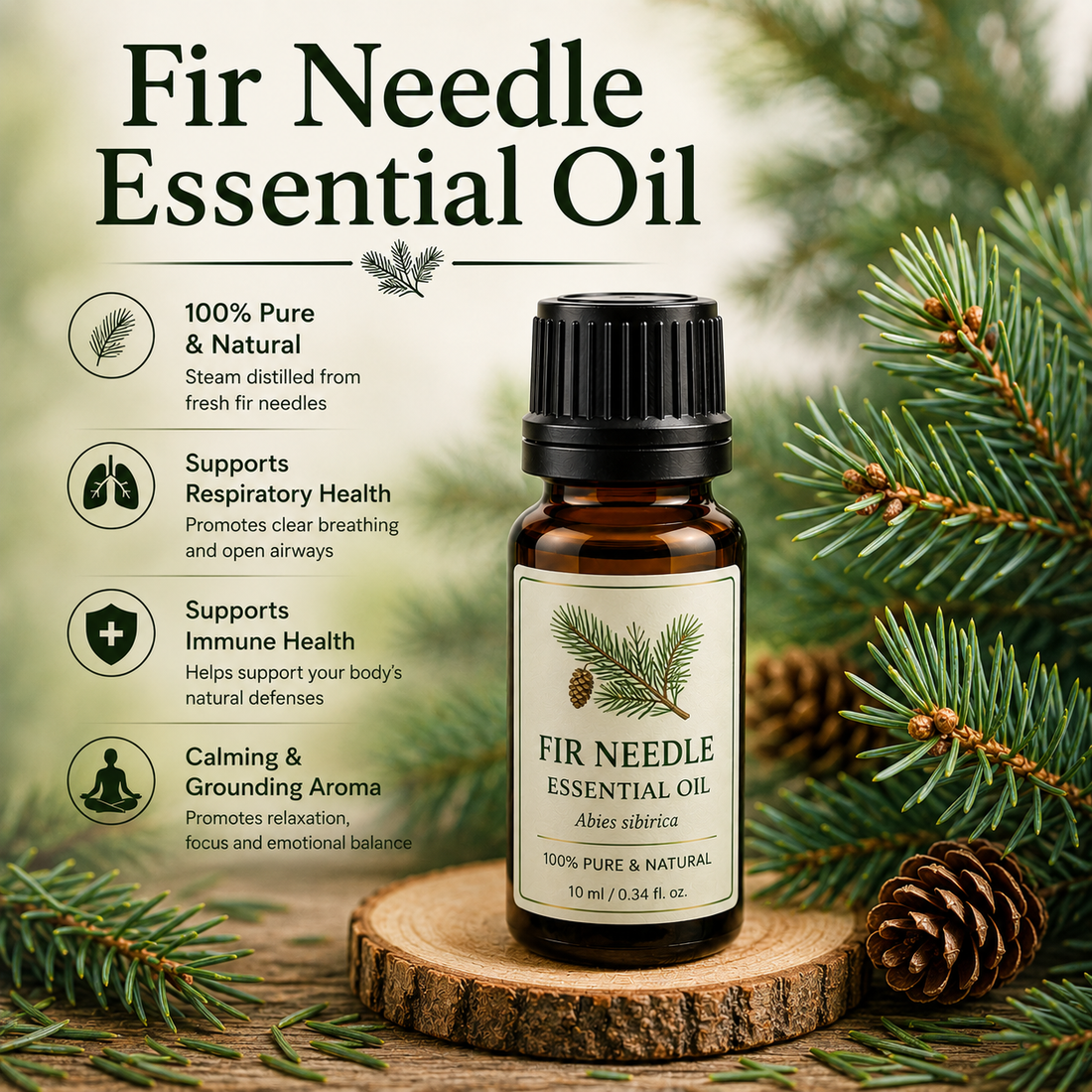 Fir needle essential oil bottle with fresh fir tree branches showcasing its crisp evergreen aroma, natural aromatic compounds, aromatherapy applications, and wellness-supporting benefits.