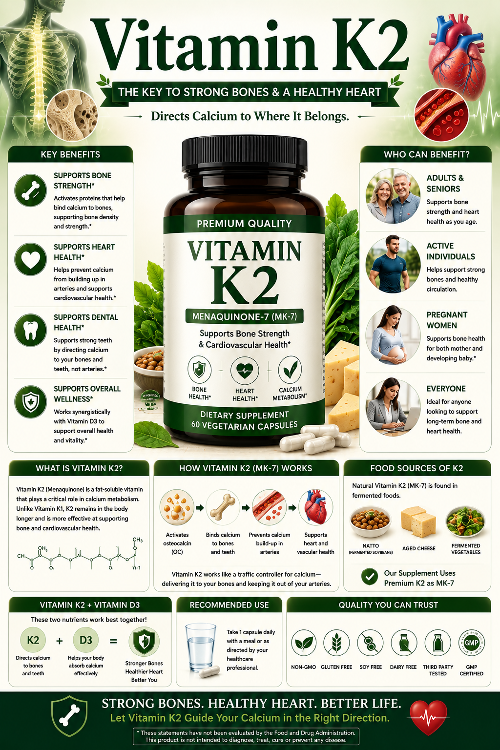 Vitamin K2 supplement capsules with bone health and cardiovascular wellness imagery supporting calcium metabolism and healthy aging.