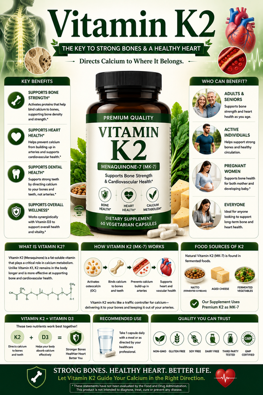 Vitamin K2 supplement capsules with bone health and cardiovascular wellness imagery supporting calcium metabolism and healthy aging.