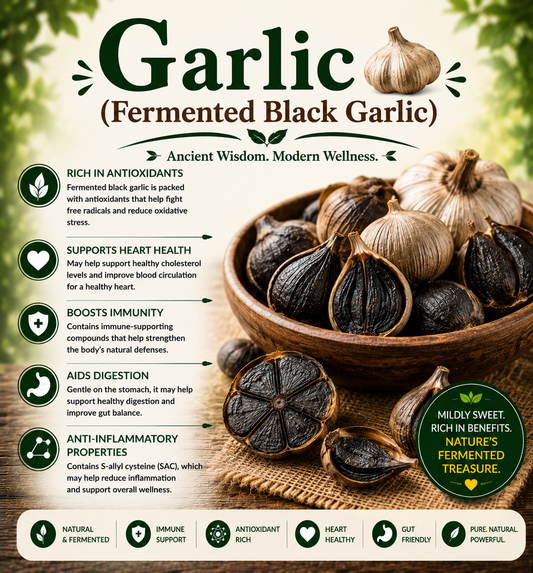 Fermented black garlic cloves showcasing their antioxidants, sulfur compounds, rich umami flavor, and wellness-supporting nutritional benefits.