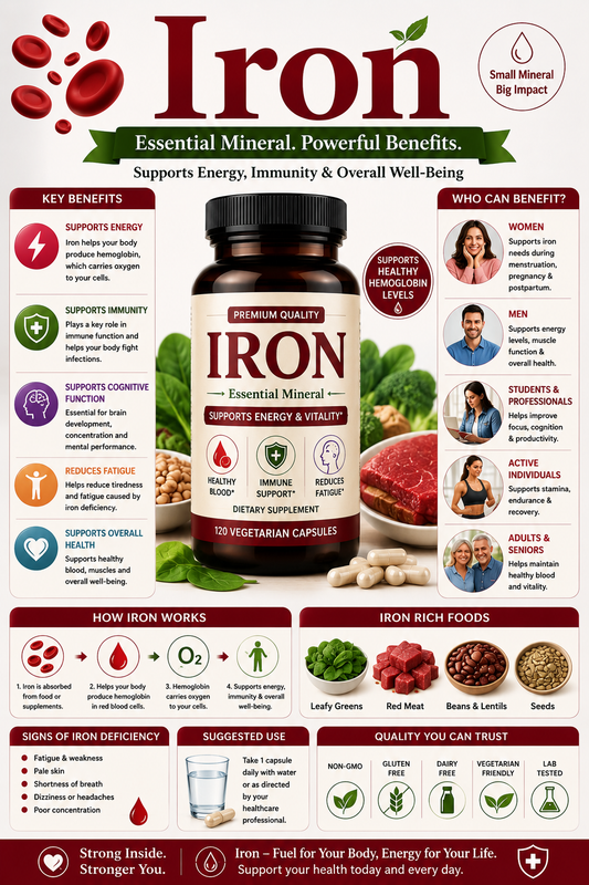 Iron supplement capsules with red blood cell and energy wellness imagery supporting blood health, oxygen transport, and healthy aging.