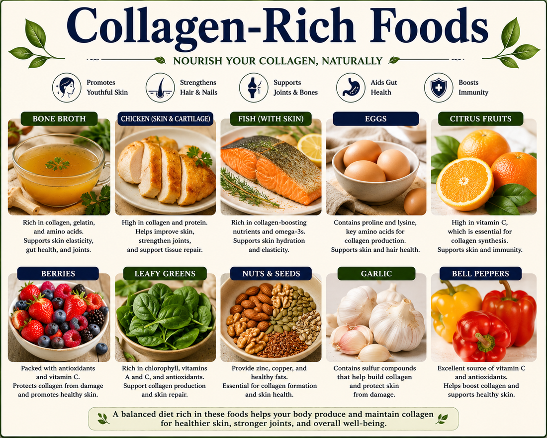 Healthy selection of collagen-rich foods including bone broth, salmon, chicken, beef, eggs, citrus fruits, leafy greens, berries, and nuts, highlighting nutrients that support healthy skin, joints, bones, and natural collagen production.