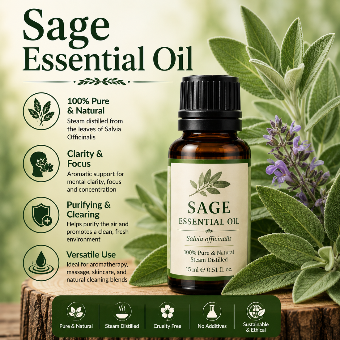 Sage Essential Oil Benefits, Uses, Safety & Wellness Guide