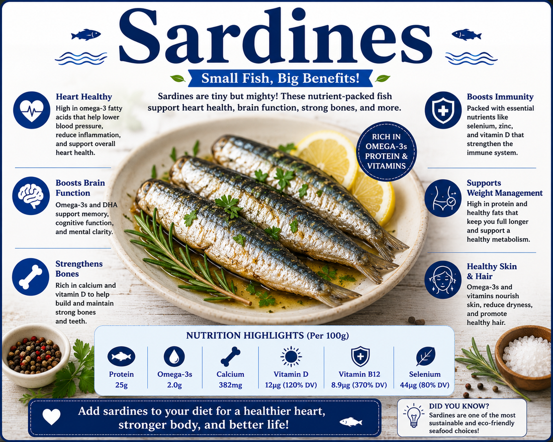Fresh and canned sardines served with lemon, herbs, and vegetables, highlighting their omega-3 fatty acids, protein, calcium, vitamin D, and overall wellness benefits.