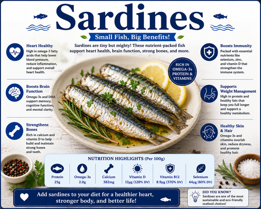Fresh and canned sardines served with lemon, herbs, and vegetables, highlighting their omega-3 fatty acids, protein, calcium, vitamin D, and overall wellness benefits.