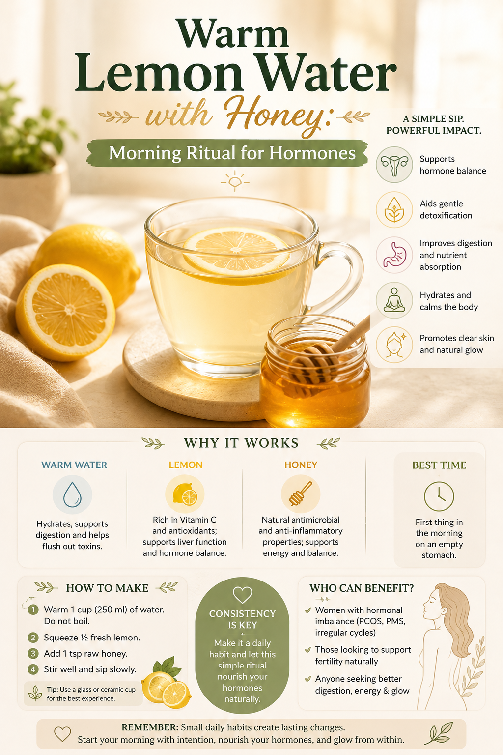 Glass of warm lemon water with honey and fresh lemon slices for natural morning detox and hormonal balance