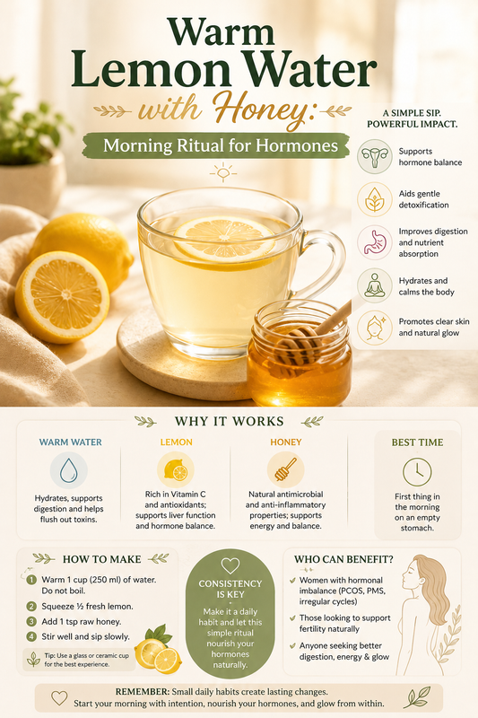 Glass of warm lemon water with honey and fresh lemon slices for natural morning detox and hormonal balance