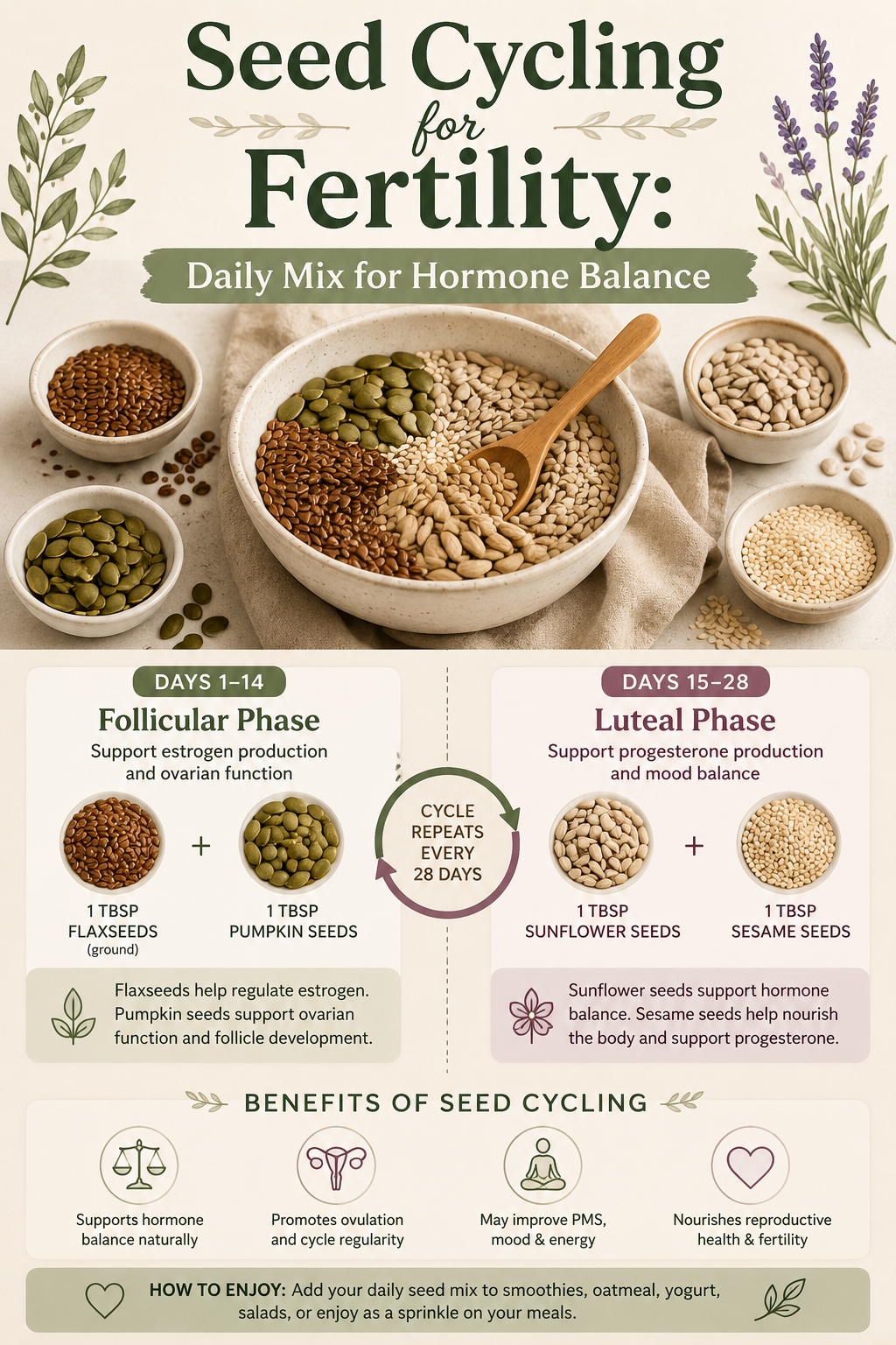 Four bowls of flaxseed, pumpkin seeds, sesame seeds and sunflower seeds for natural fertility seed cycling