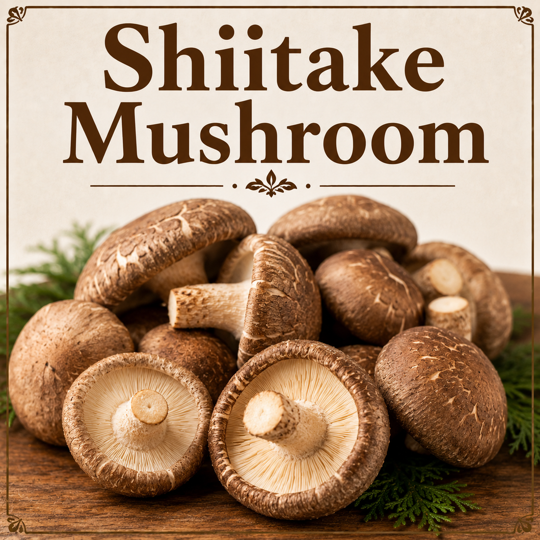 Fresh shiitake mushrooms showcasing their fiber, antioxidants, beta-glucans, vitamins, minerals, and wellness-supporting nutritional benefits.