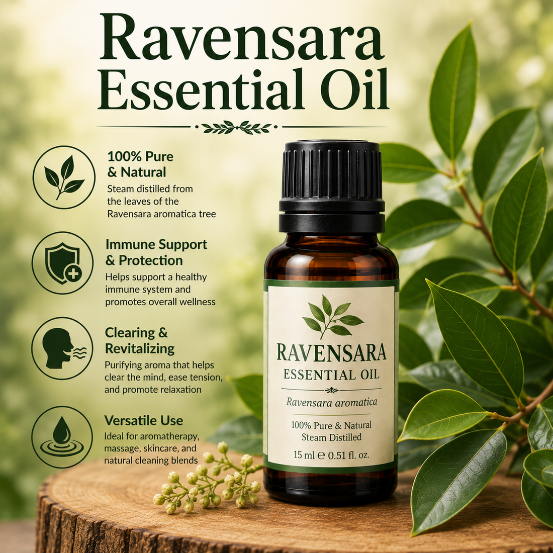 Ravensara essential oil bottle with fresh Ravensara leaves showcasing its clean herbal aroma, natural aromatic compounds, aromatherapy applications, and wellness-supporting benefits.