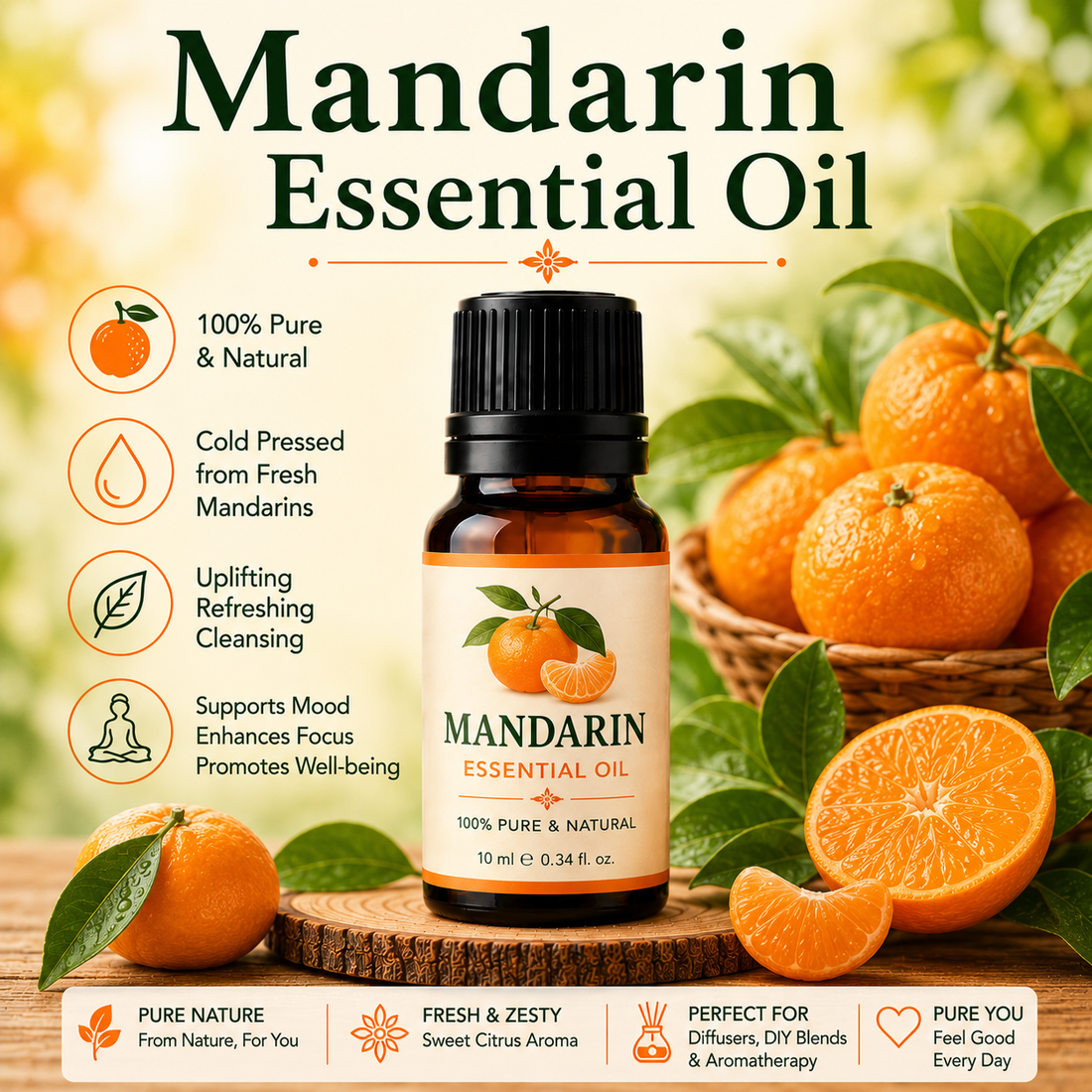 Mandarin essential oil bottle with fresh mandarin oranges and leaves showcasing its sweet citrus aroma, natural aromatic compounds, aromatherapy applications, and wellness-supporting benefits.