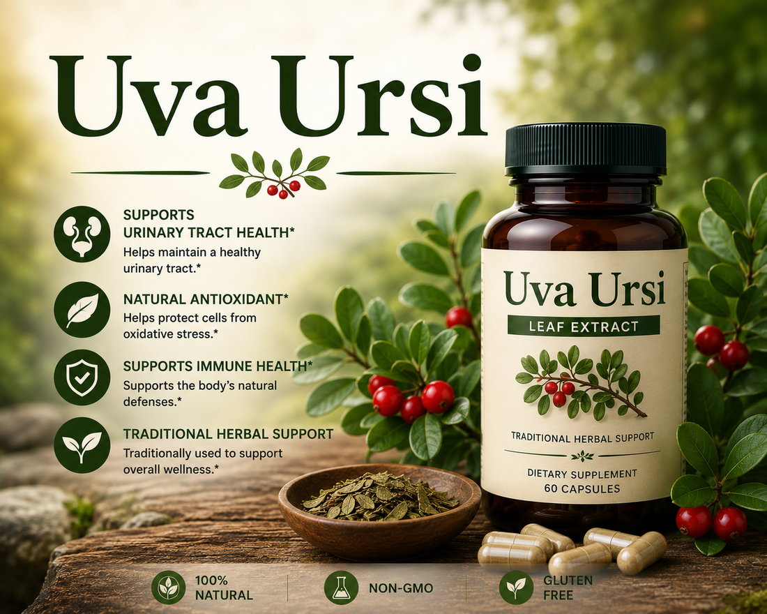 Uva Ursi supplement capsules and bearberry leaves supporting urinary tract health, bladder wellness, and overall urinary system support.