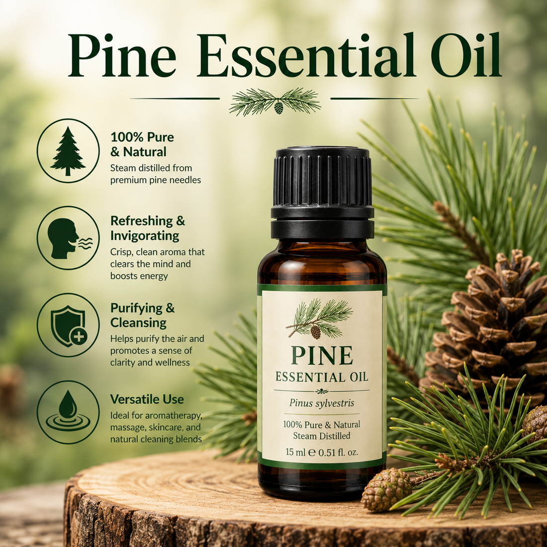 Pine essential oil bottle with fresh pine needles and pine cones showcasing its crisp evergreen aroma, natural aromatic compounds, aromatherapy applications, and wellness-supporting benefits.