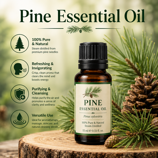 Pine essential oil bottle with fresh pine needles and pine cones showcasing its crisp evergreen aroma, natural aromatic compounds, aromatherapy applications, and wellness-supporting benefits.