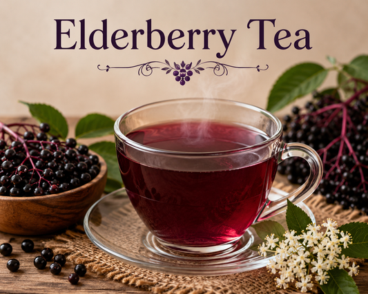 Steaming cup of elderberry tea made from antioxidant-rich elderberries, traditionally used to support immune health, seasonal wellness, respiratory comfort, and overall well-being.