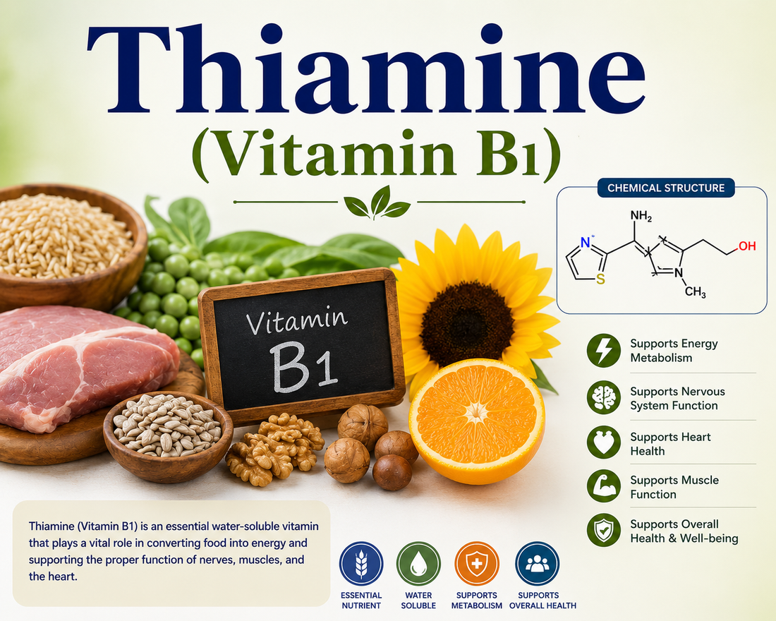 Thiamine Vitamin B1 supplement capsules supporting energy production, nervous system health, metabolism, and overall wellness.